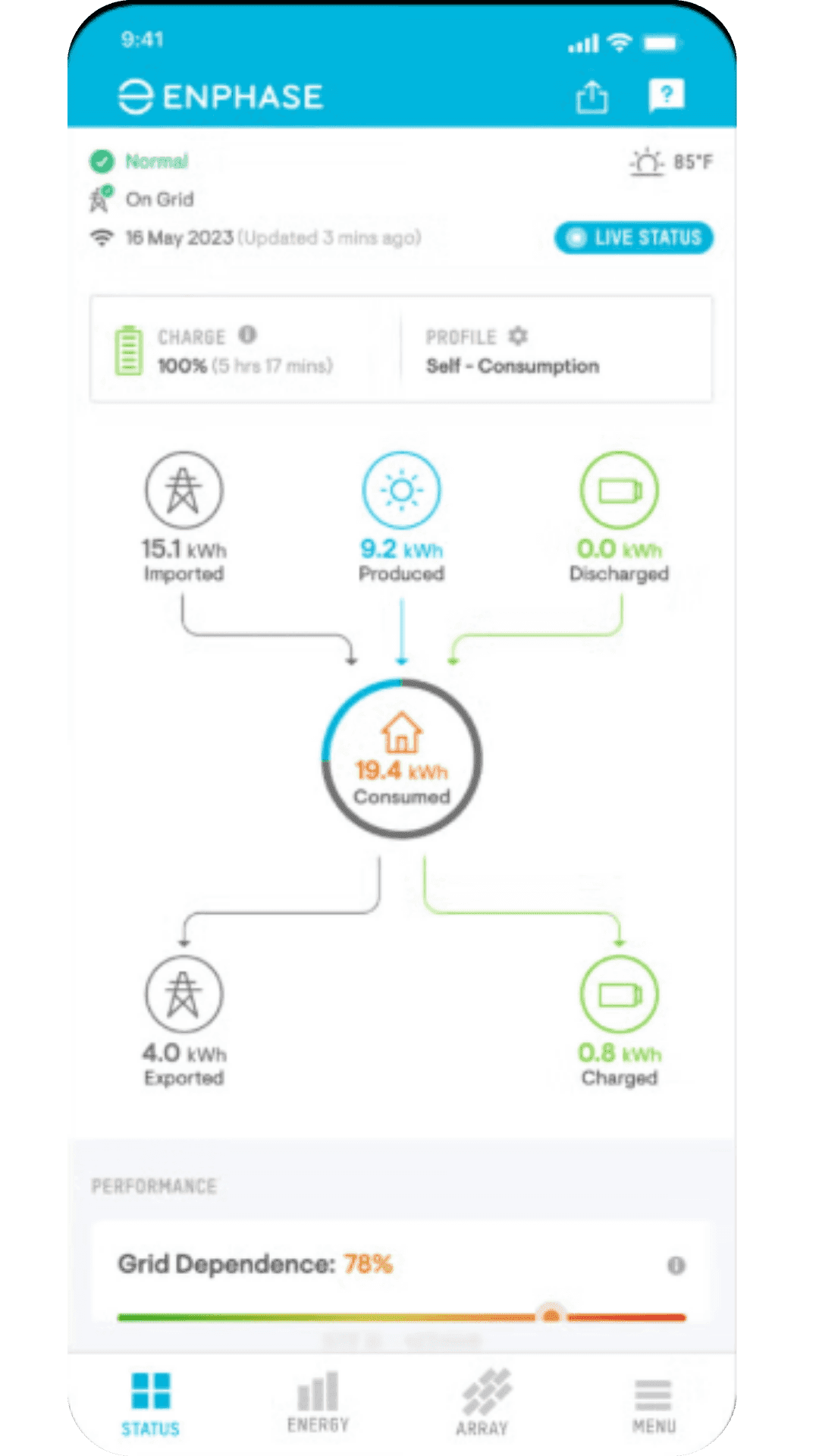 VRGN Solar monitoring app, screen 1
